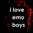 Black background with red splatter effects and white pixelated text reading "I love emo boys as much as they love their eyeliner".