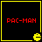 Four identical black squares with yellow borders each display red "PAC-MAN" text and a yellow Pac-Man icon at the bottom right corner.