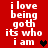 A 4-frame animated contact sheet showing a red background with white pixelated text repeating "i love being goth its who i am" and black or dark red heart symbols in the bottom-right corner of each frame.