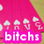 A pink and white pixelated icon with repeated cloud and letter motifs, featuring a large pink text overlay reading 'bitchs' in the center.