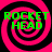 Four identical display green 'ROCKET HEAD' text over pink and black spiral backgrounds with no visible motion