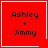 Four red square with white borders display "Ashley + Jimmy" text, each containing a distinct white symbol in the bottom-right corner