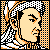 Pixelated static icon of a person's profile face with orange, black, and white dithering patterns on the background.