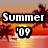 Pixelated beach sunset scene with palm trees and text reading 'Summer '09 is going to be da BOMB!!' in bold white letters on black outlines.