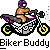 Pixel art buddy icon featuring a motorcyclist with motion effects, text overlays, and two identical frames showing slight animation differences.