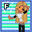 Pixel art of a blonde girl with closed eyes, white crop top, black checkered pants, and black wristbands, standing against striped background with 'F' symbol.