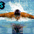 six swimming-themed images with text overlays, featuring swimmers in various poses and a central pink graphic