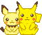 Pixel art of two yellow Pokémon characters with brown-tipped ears and cheeks, seated side-by-side in four variations showing different facial expressions.