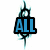 Blue text on black rectangular backgrounds with teal and white decorative elements above each word, arranged in a -like layout