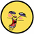 Yellow circular icon with black outline showing a character with purple eyes, pink cheeks, and a red mouth opening in two