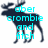 A pixelated dark blue moose silhouette with cyan text overlays and scattered letters on a white background.