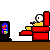 Pixel art animation of a character in red chair clicking TV remote, with speech bubbles changing from 'MAN' to 'SOO' and text sequences.