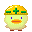 A 4x4 grid of pixel art frames showing a yellow chick mascot with varying expressions and accessories, including hard hats and different eye shapes across the animation sequence.