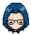 Three pixel-art frames of a character with blue hair and glasses showing subtle facial expression changes against a gray background.