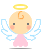 Pixelated angel icon with golden halo, white wings, pink dress, and orange swirl hair; four variations show wing positions and shadow placement differences.