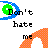Pixelated icon with green-blue circular symbol, orange arches, and black text reading "Don't hate me because I'm beautiful even though I'm not"