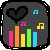 Six animated frames of a buddy icon featuring a black heart, colorful music notes, and changing bar graph bars on a dark gray background with rounded corners.