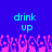 Pixelated blue background with cyan text reading 'drink up' on both sides and pink pixel art shapes at the bottom.