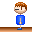 Pixelated character with brown hair and blue shirt stands on a brown floor against gray background, transitioning from standing to walking pose.