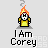 Pixelated character with orange flame head, yellow shirt, gray base, and 'I Am Corey' text below, showing animation changes in smoke and flame positions.