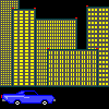 Animated cityscape with yellow buildings, blue cars, and moon phases on black background