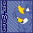 A 3x3 contact sheet of an animated Care Bear icon showing frame-by-frame motion with a blue cloud-like character, yellow ears, white eyes, and rainbow-colored chest emblem on a striped background.