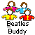 Pixel art of four figures in traditional Chinese-style jackets with text 'Beatles Buddy' below, displayed in a