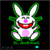 Animated pixel art of a white rabbit with green accents, pink nose and belly, red mouth showing teeth, smiling expression on black background.