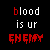 Animated contact sheet of a pixel art icon showing text "blood is ur ENEMY" with red and white lettering on black background, displaying frame-by-frame animation changes in color intensity.