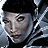 Pixelated character in silver armor with black accents, dark hair, and a serious expression; horizontal white bars overlay the image.