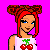 Pixel art buddy icon featuring a red-haired character in cherry-themed clothing with animated frame variations showing different body parts and text "CHERRIES" on a bright pink background.