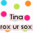 Pixelated circular icons in cyan, green, orange, and pink surround a central text block with 'Tina' and 'ROX UR SOX' on light beige backgrounds.