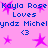 Pixelated pink background with blue text repeating 'Kayla Rose Loves' and 'yndz Michelyndz Michel', surrounded by purple star shapes and '<3' symbols.