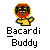 Pixelated character with red circular head, yellow body, and black-and-yellow patterned face wearing a yellow shirt on gray background.
