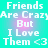 Pixelated text repeats 'Friends Are Crazy But I Love Them <3' on a cyan background with pink gradient accents.