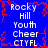 Blue background with red pixelated border, white text arranged in four reading Rocky Hill Youth Cheer CTYFL repeated twice