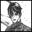 A 48x48 pixel buddy icon split into two sections: a grayscale anime-style character on the left and text elements on the right, with visible dithering and low-resolution rendering artifacts.
