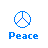 Blue pixelated peace symbol above blue text 'Peace' on white background; pink heart icon above pink text 'Love' on same background.