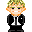 Pixelated character with green-blond hair, black jacket, gray shirt, and orange hands in multiple poses against gray background.