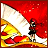 A 48x48 pixel buddy icon featuring a character with red hair and black outfit standing on a yellow platform against a red background, paired with "Anime IM" text on the right side of a contact sheet layout.