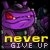 Static pixel art icon of a purple cartoon character with red eyes and yellow text reading "NEVER GIVE UP" below it on a black background.