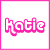 Pixelated pink text 'Katie' on white background with pink border; right shows small star symbol above text