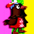 Pixelated character with brown fur, red jacket, and green pants stands against pink and yellow background, wearing blue and red cap with white tip.