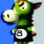 Pixelated green cartoon character with white snout, black eyes, and red-tipped ears wearing black shirt with white circle and black number 8 on chest.