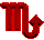 Red pixelated symbols on gray background, varying in orientation and shape across three