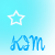 Pixelated white star outline above blue pixelated text 'K9m' on light cyan gradient background.