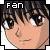 Pixelated static icon featuring a close-up of an anime-style character's face with dark hair and large eyes, overlaid with the text "Fan" in white block letters at the top left.