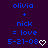 Blue text on dark purple background displays 'olivia + nick = love 5-21-08' with white heart symbols, showing animation where hearts change from solid to outlined states.