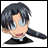 Pixelated anime-style character with dark hair and blue eyes, wearing a black outfit with a white collar, positioned next to text reading "Anime IM" and "COM" on a black background.