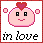 Pixel art icon of a pink rounded character with heart-shaped head, black square eyes, and smiling mouth, surrounded by two floating squares on white background with red border.